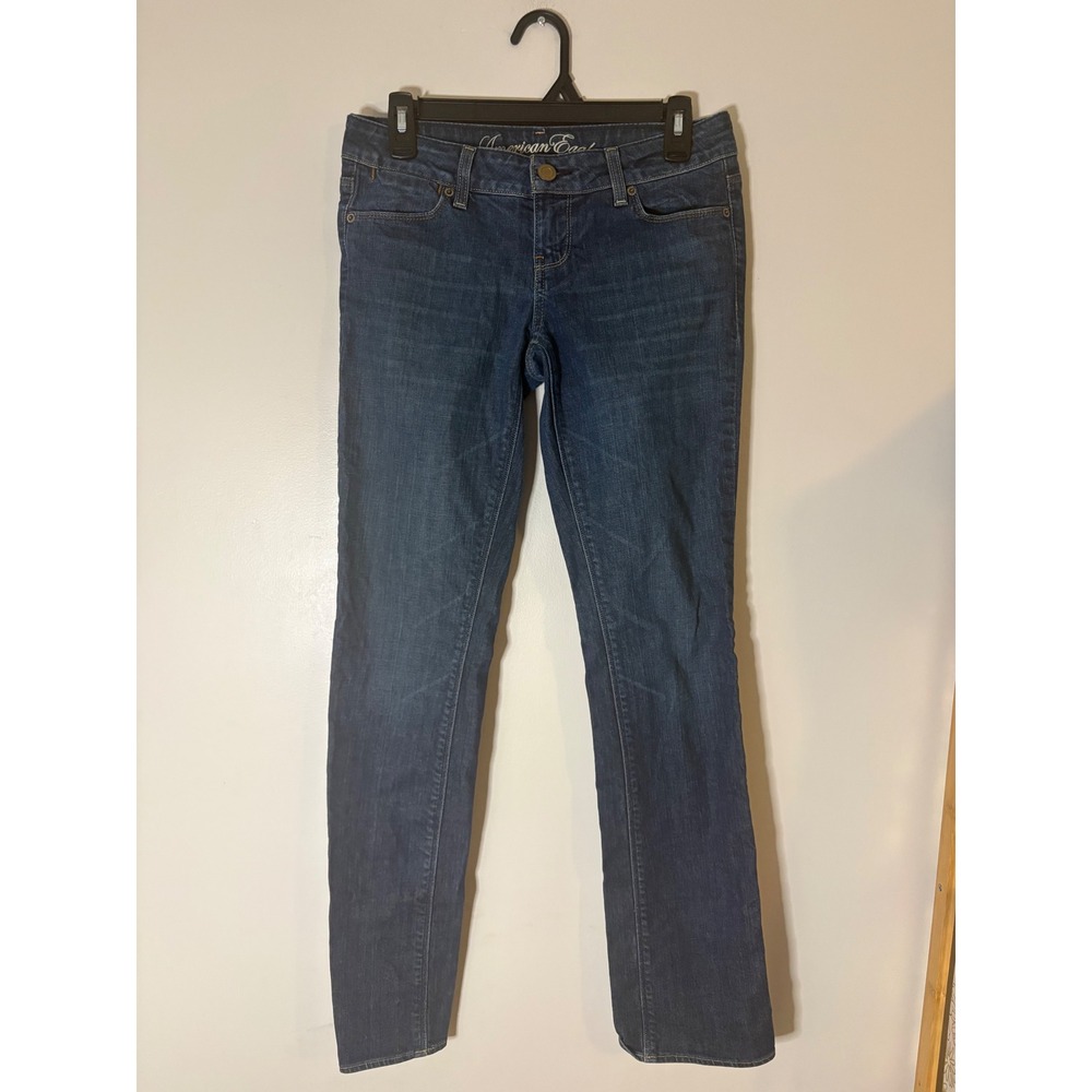 American Eagle 77 Straight Jeans Dark Wash Low Rise Denim Blue Womens Size 4 Reg